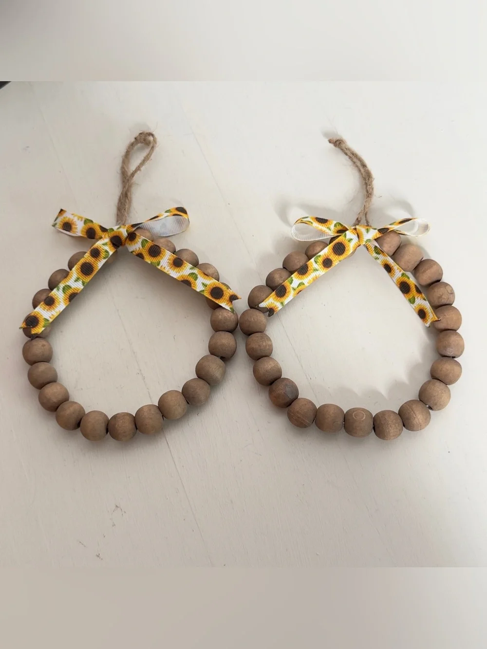 2 Handmade Wood Beaded Wreath Ornament With Sunflower Print Bow